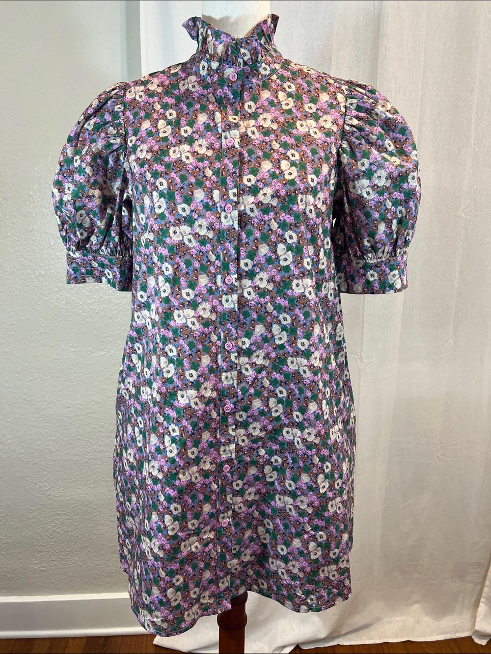 Hyacinth House Louisa Purple Floral Puff-Sleeve Mini Dress. Size S. NWOT